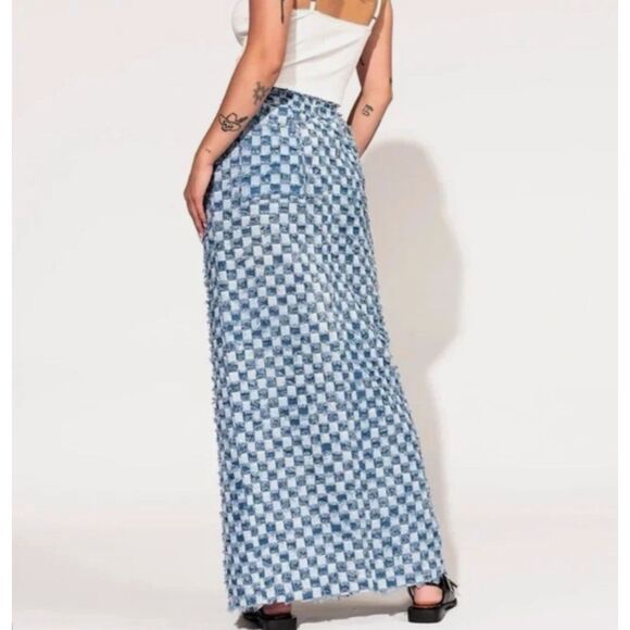 NWT LALA ORIGINAL Check Mate Textured Denim Maxi Skirt Womens Small M Blue Boho - Picture 2 of 13